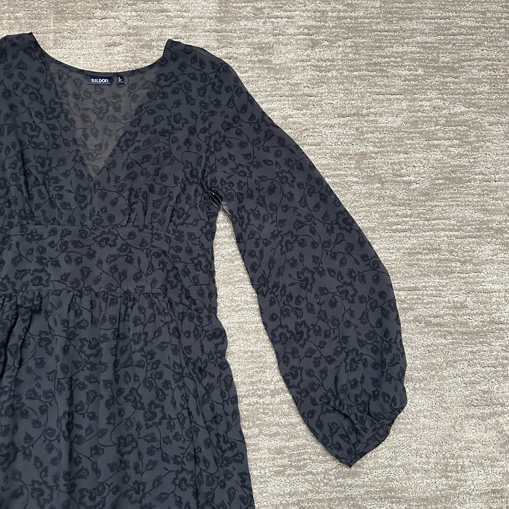 Tildon Dress Womens 12 Black Floral Long Sleeve Maxi V Neck Sheer Bodice - Picture 3 of 15